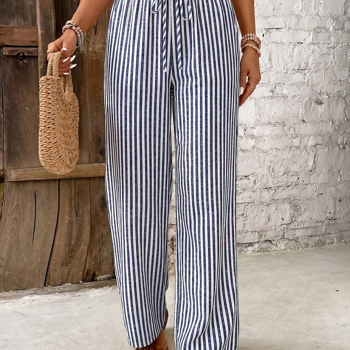 Effortless Striped Linen Wide Leg Pants for Women with High Waist Drawstring Flowing Casual Style