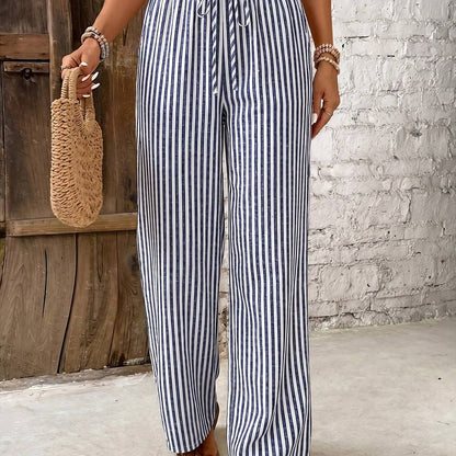 Effortless Striped Linen Wide Leg Pants for Women with High Waist Drawstring Flowing Casual Style