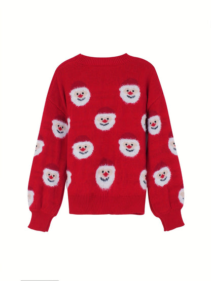 Cozy Red Santa Print Christmas Tacky Sweater for Women with Crew Neck Long Sleeve Oversized Knit Style
