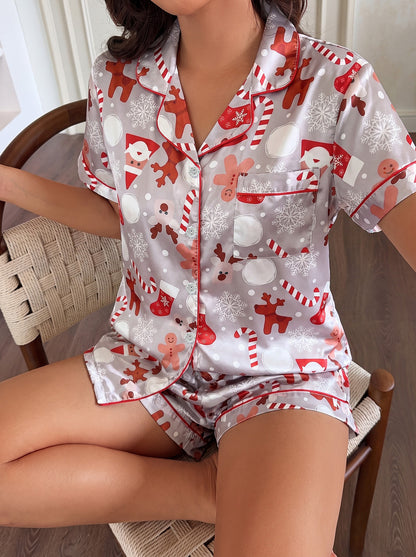 Cozy Gray Satin Christmas Pajamas for Women with Notch Collar Short Sleeve Button Front Two Piece Style