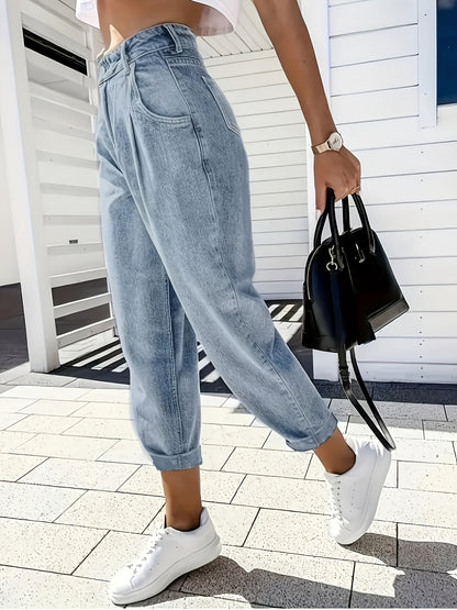 Effortless Light Blue Denim Mom Jeans for Women with High Waisted Pleated Tapered Cuffed Relaxed Style