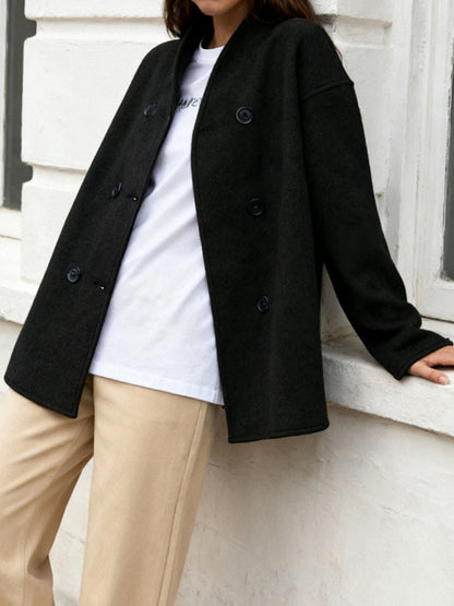 Elegant Wool High Pea Coat for Women with Stand Collar Long Sleeve Double Breasted Cropped Style