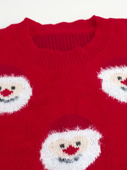 Cozy Red Santa Print Christmas Tacky Sweater for Women with Crew Neck Long Sleeve Oversized Knit Style