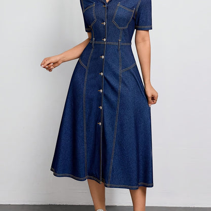 Effortless Blue Denim Dress for Women with Collar Belted Button Front Midi