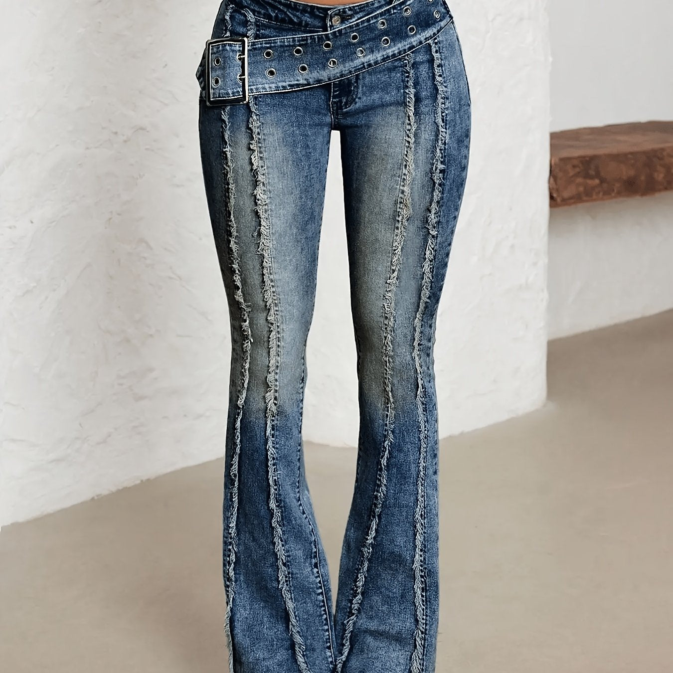 Effortless Distressed Denim Buckle Jeans for Women with Low Rise Grommet Waist Flare Frayed Hem Style