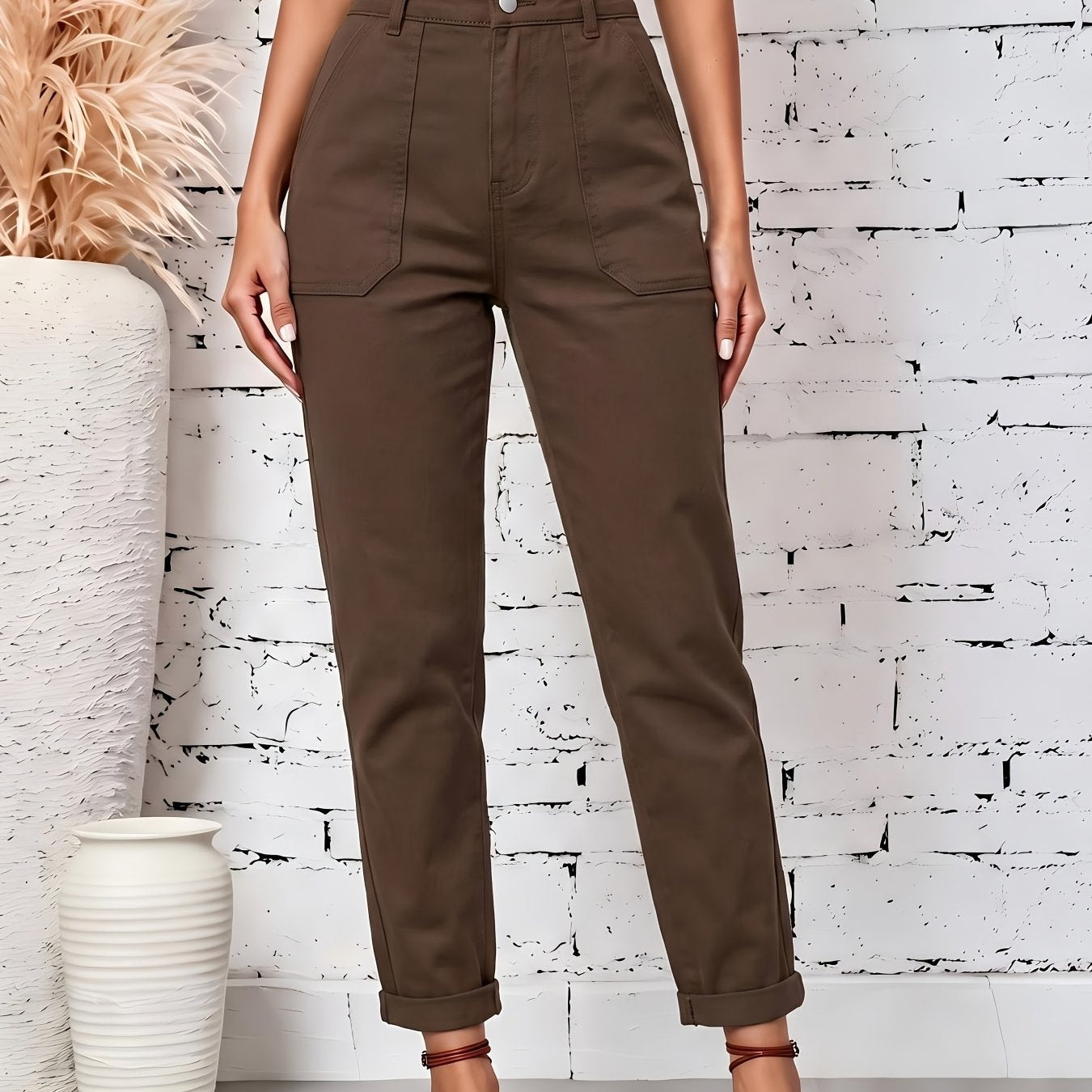 Effortless Coffee Brown Cotton Trousers for Women with High Waist Patch Pocket Cuffed Hem Relaxed Style