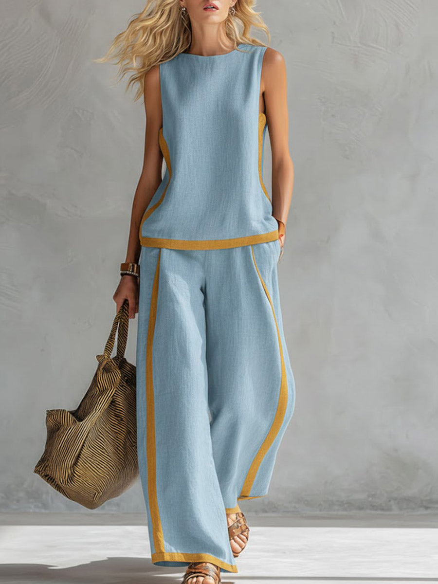 Effortless Linen Two Piece Set for Women with Contrast Piping Wide Leg Pants