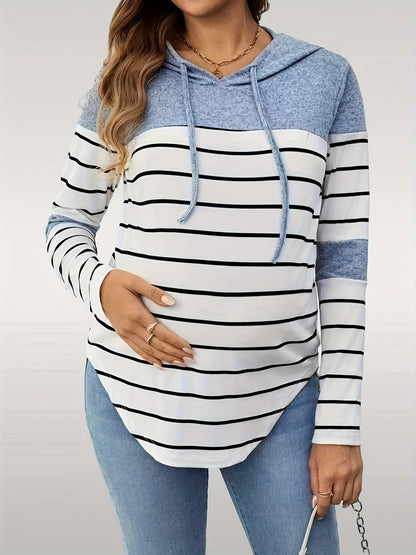 Comfortable Striped Maternity Hoodie for Women with Drawstring Hood Long Sleeve Curved Hem Casual Style