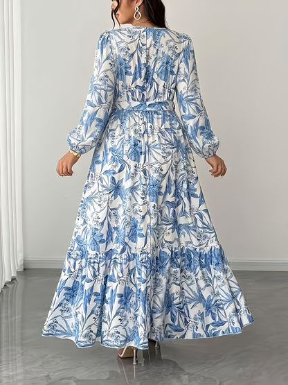 Elegant Floral Long Sleeve Maxi Dress for Women with V Neck Wrap Tie Waist Ruffle Hem Bohemian Style