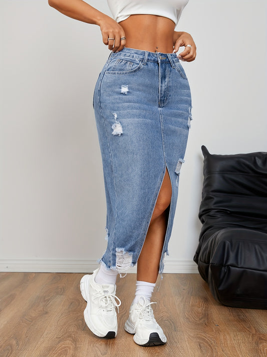 Stylish Blue Denim Jean Skirt for Women with High Waist Ripped Side Slit A Line Midi Casual Style
