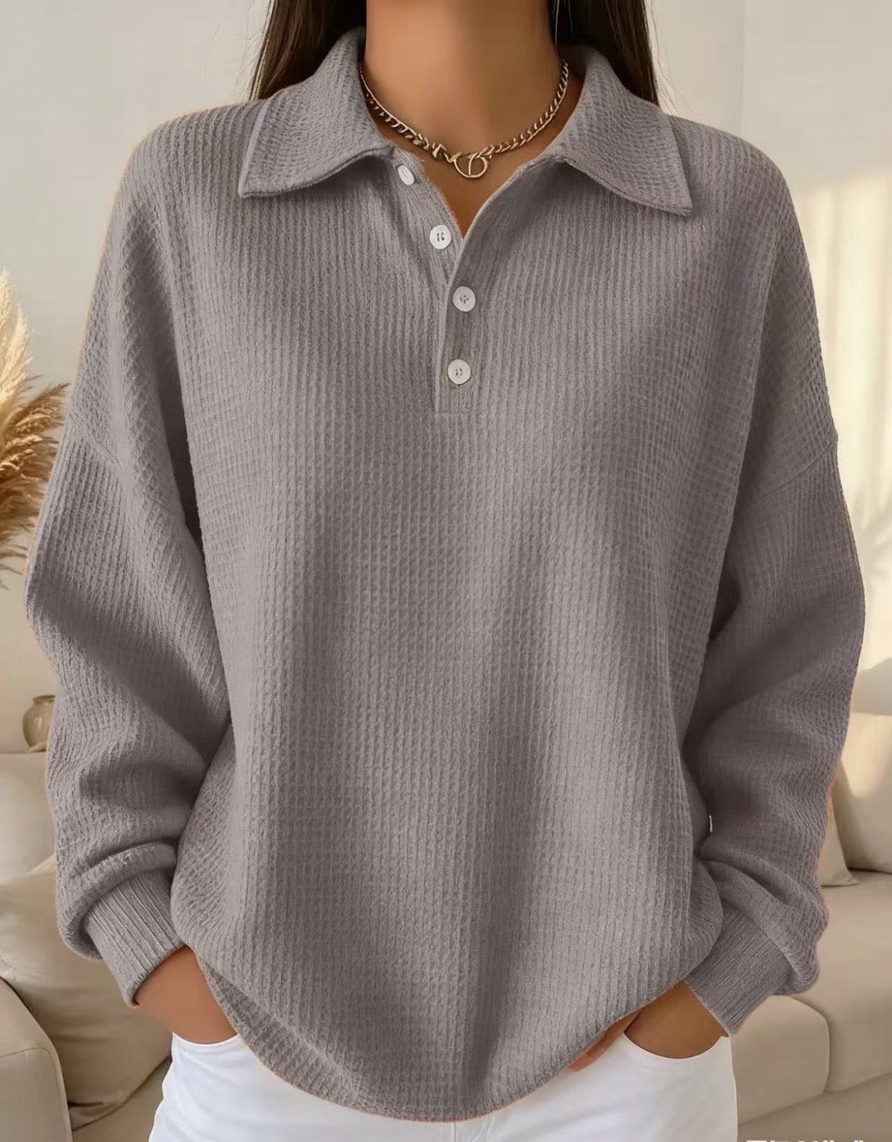 Cozy Waffle Knit Sweater for Women with Polo Collar Long Sleeve Button Front Oversized Style