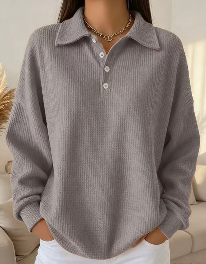 Comfortable Waffle Knit Sweatshirt for Women with Collar Long Sleeve Button Placket Oversized Style