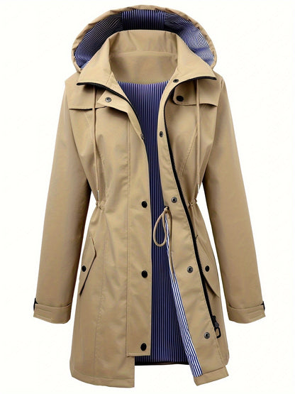 Chic Hooded Rainwear Jacket for Women with Drawstring Waist Zip Front Longline Windbreaker Outdoor Style