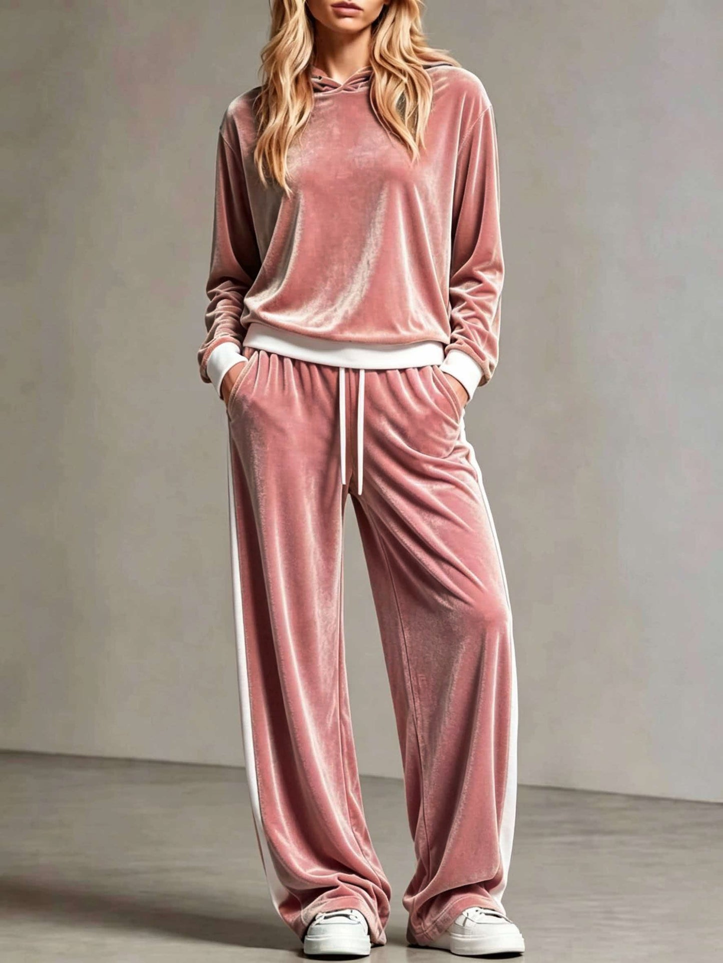 Cozy Velvet Colorblock Sweatsuit for Women with Hooded Long Sleeve Wide Leg Drawstring Two Piece Style