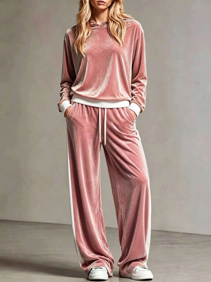 Cozy Velvet Colorblock Sweatsuit for Women with Hooded Long Sleeve Wide Leg Drawstring Two Piece Style