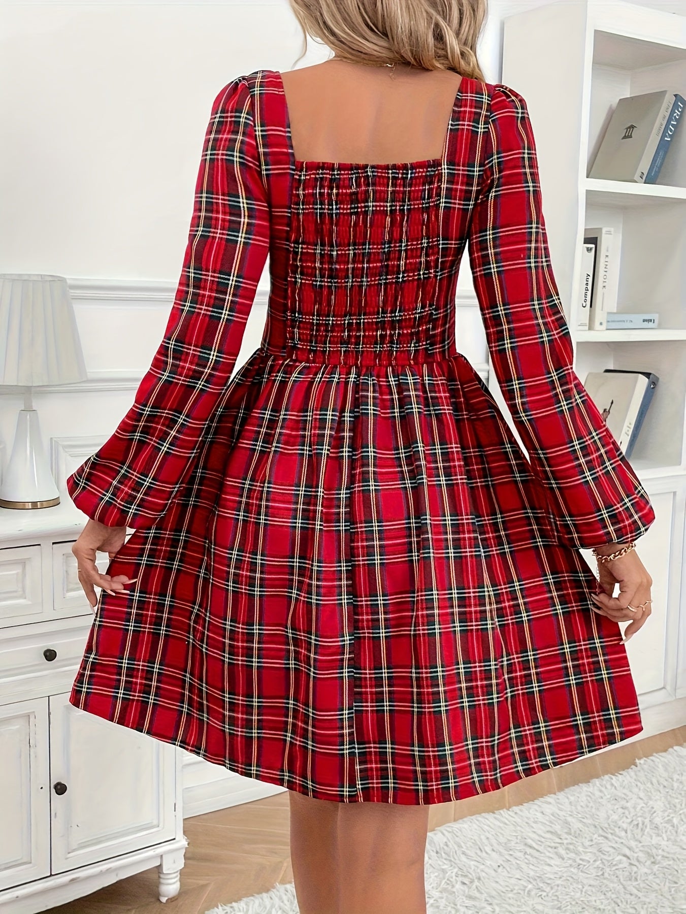 Elegant Red Plaid Christmas Party Dress for Women with Sweetheart Neck Lantern Sleeve Bow Tie Fit and Flare Style