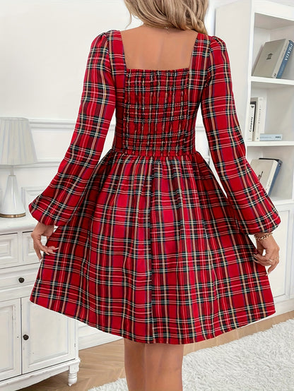 Elegant Red Plaid Christmas Party Dress for Women with Sweetheart Neck Lantern Sleeve Bow Tie Fit and Flare Style
