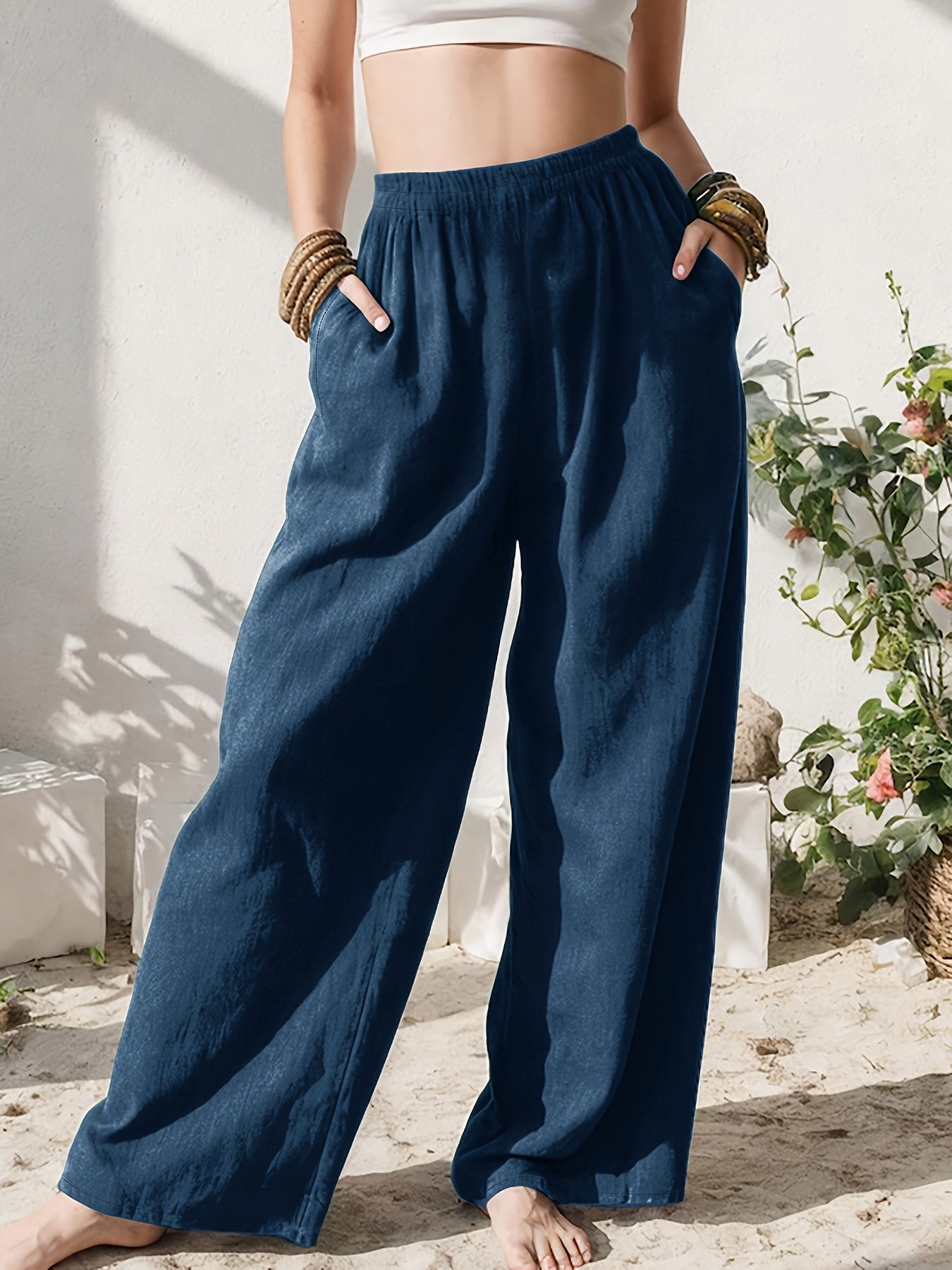 Effortless Linen Wide Leg Pants for Women with High Waist Pocket Flowing Relaxed Casual Style