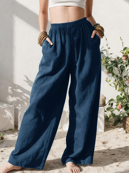 Effortless Linen Wide Leg Pants for Women with High Waist Pocket Flowing Relaxed Casual Style