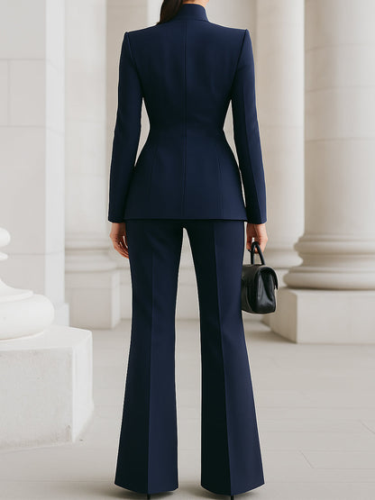 Elegant Tailored Women's Suit for Women with Stand Collar Long Sleeve Wide Leg Two Piece Style