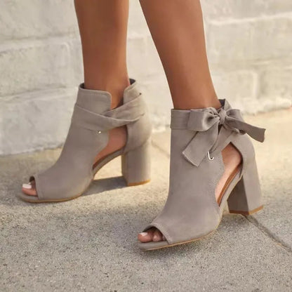 Chic Suede Ankle Boots for Women with Peep Toe Tie Up Chunky Block Heel Style
