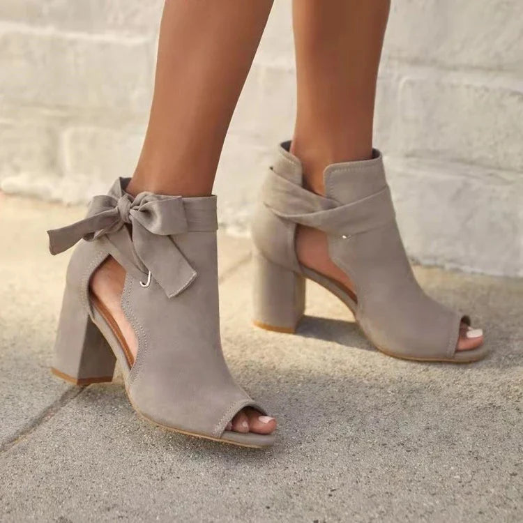 Chic Suede Ankle Boots for Women with Peep Toe Tie Up Chunky Block Heel Style