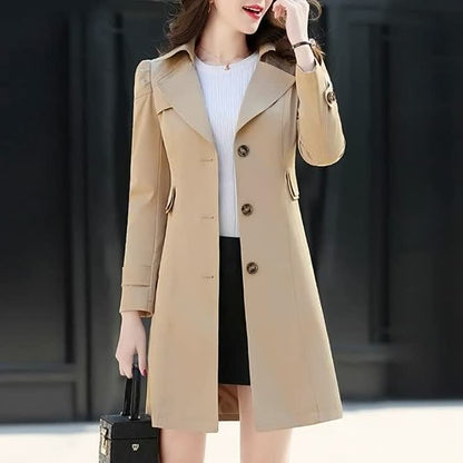 Elegant Trench Coat for Women with Notched Lapel Long Sleeve Belted Style