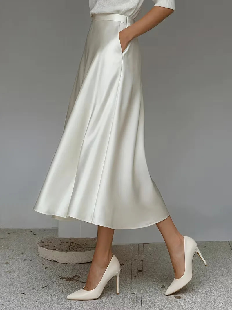 Elegant Satin Midi Skirt for Women with High Waist A Line Pocket Flowing Style