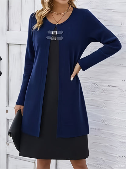 Elegant Ribbed Knit Two Tone Midi Dress for Women with Round Neck Long Sleeve Buckle Detail Layered Style