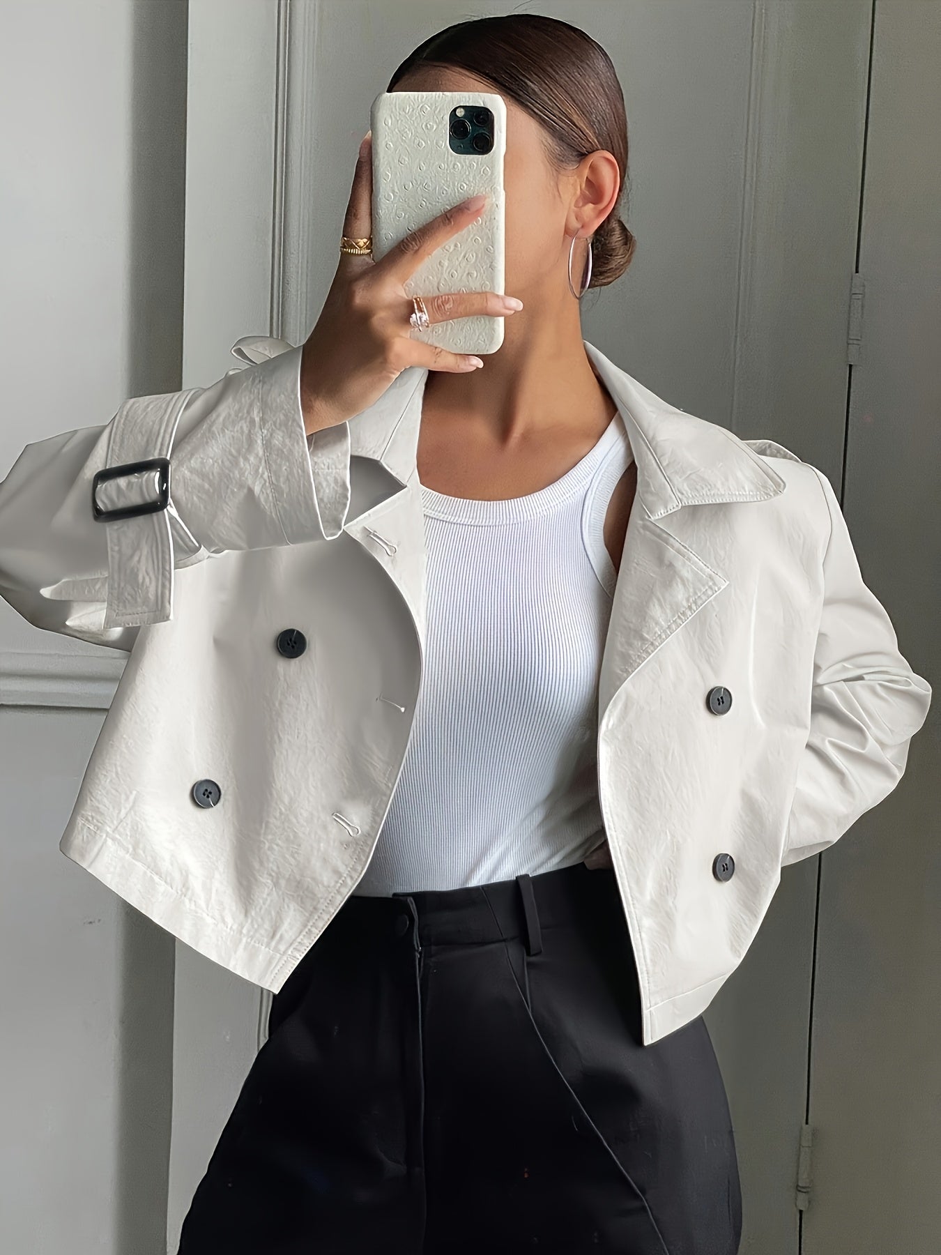 Elegant Khaki Pea Coat for Women with Notch Lapel Long Sleeve Double Breasted Cropped Style