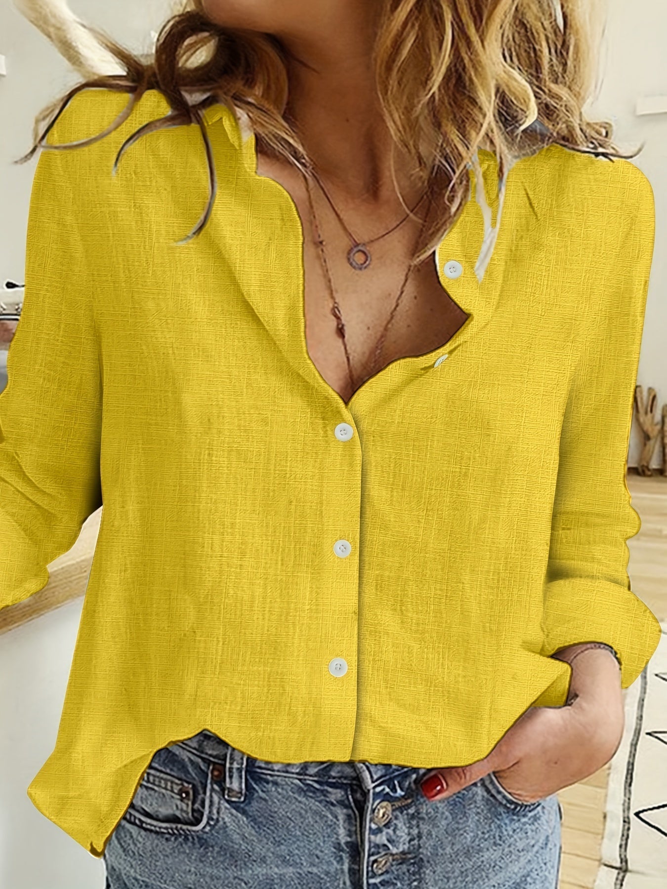 Effortless Linen Long Sleeve Shirt for Women with Split Neck Button Front Relaxed Casual Style