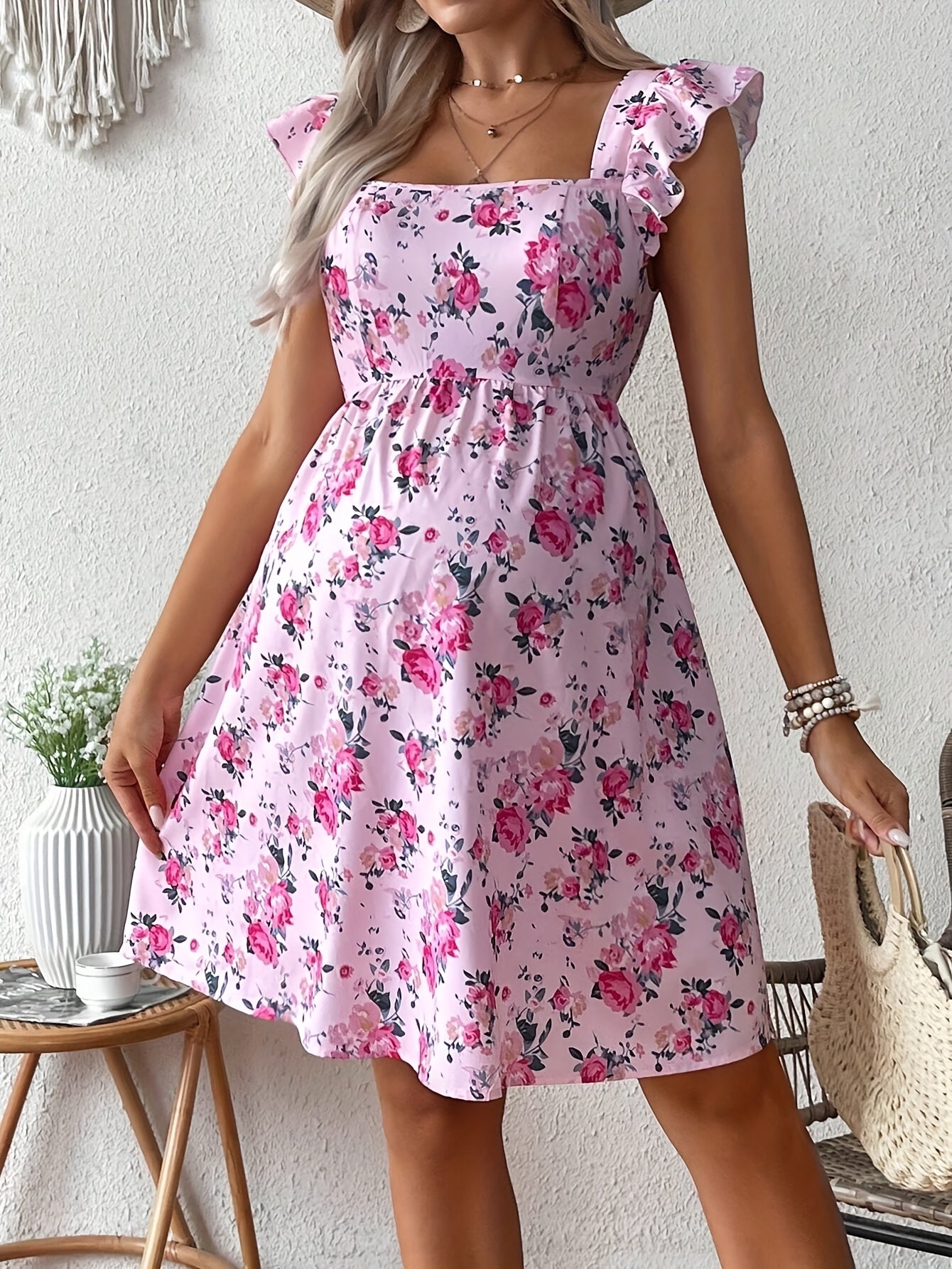 Effortless Floral Maternity Mini Dress for Women with Square Neck Ruffle Sleeve Tie Back Cutout Style