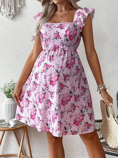Effortless Floral Maternity Mini Dress for Women with Square Neck Ruffle Sleeve Tie Back Cutout Style