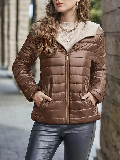 Effortless Coffee Brown Quilted Jacket for Women with Hooded Sherpa Lined Zip Front Relaxed Style