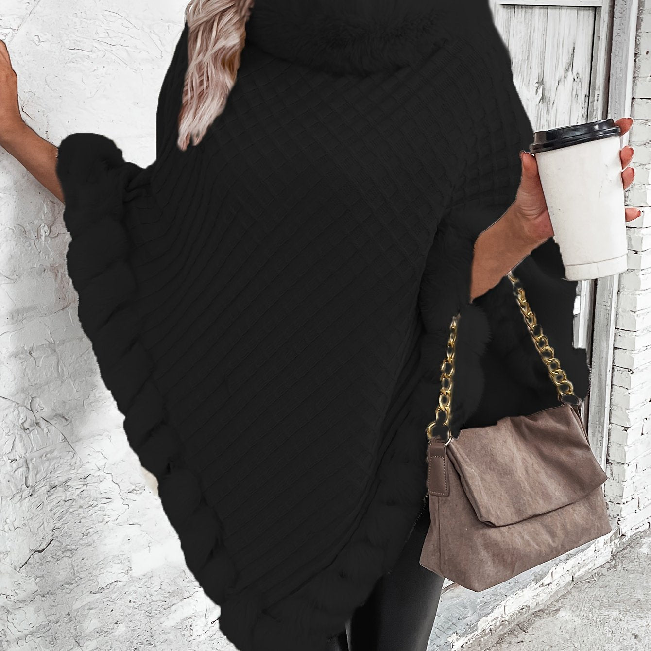 Comfortable Faux Fur Trim Poncho for Women with Turtleneck Batwing Sleeve Asymmetric Oversized Knit Style