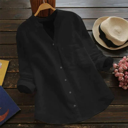 Effortless Linen Shirt for Women with Stand Collar Long Sleeve Button Front Relaxed Style