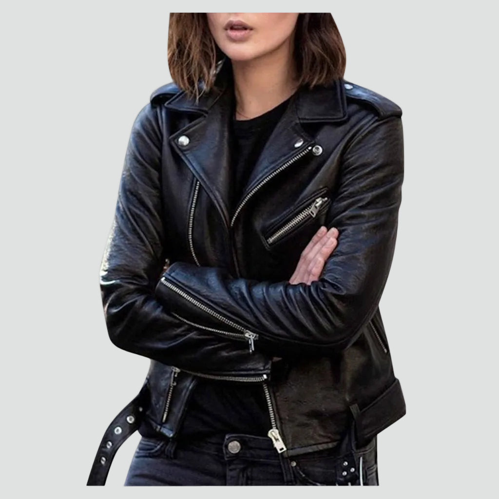 Chic Leather Jacket for Women with Notched Lapel Long Sleeve Asymmetric Zip Moto Biker Style