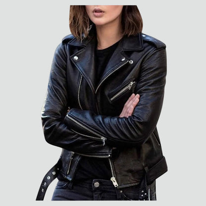 Chic Leather Jacket for Women with Notched Lapel Long Sleeve Asymmetric Zip Moto Biker Style