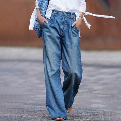 Effortless Blue Wide Leg High Waisted Jeans for Women with Pleated Front Relaxed Denim Casual Style