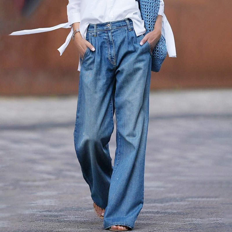 Effortless Blue Wide Leg High Waisted Jeans for Women with Pleated Front Relaxed Denim Casual Style