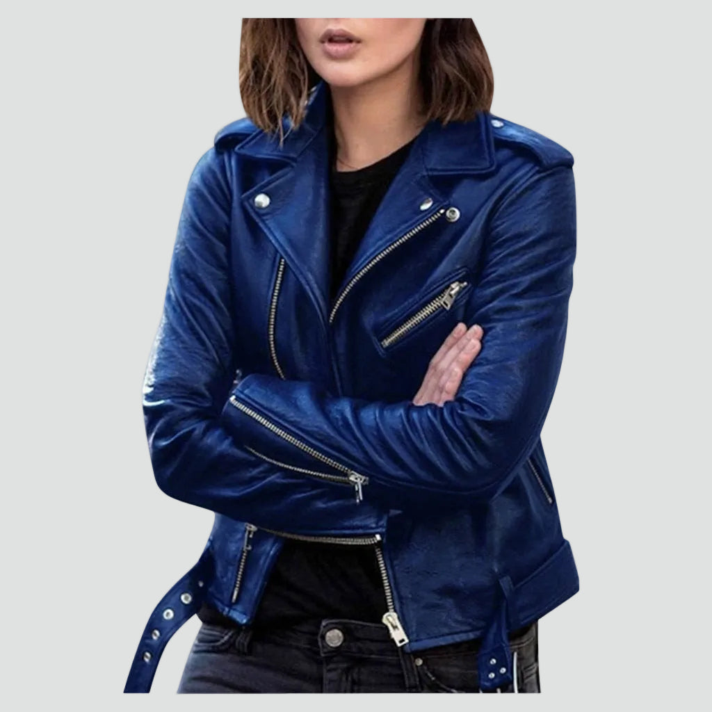 Chic Leather Jacket for Women with Notched Lapel Long Sleeve Asymmetric Zip Moto Biker Style