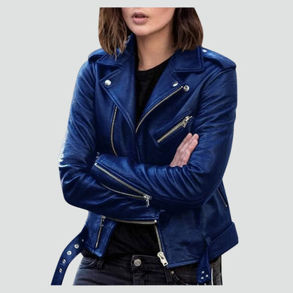 Chic Leather Jacket for Women with Notched Lapel Long Sleeve Asymmetric Zip Moto Biker Style