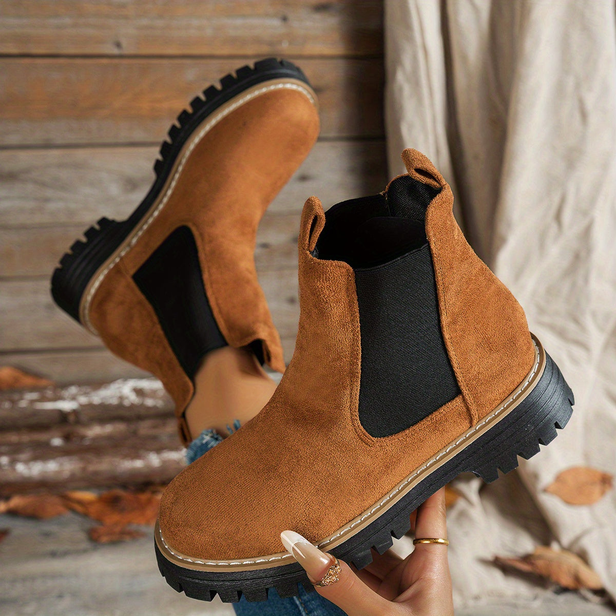 Stylish Suede Chelsea Boots for Women with Round Toe Platform Chunky Sole Style