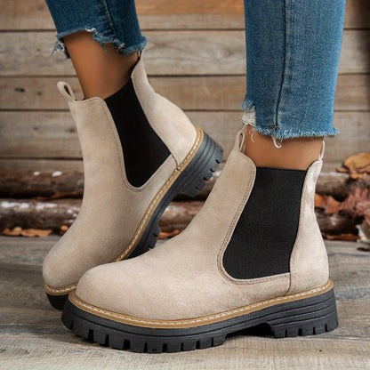 Stylish Suede Chelsea Boots for Women with Round Toe Platform Chunky Sole Style