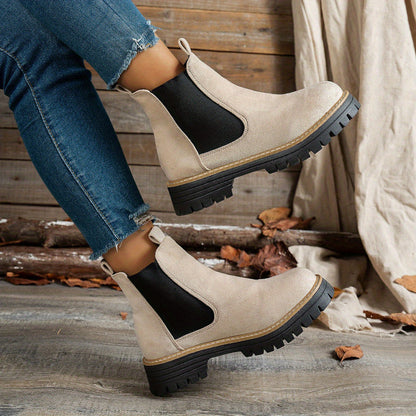 Stylish Suede Chelsea Boots for Women with Round Toe Pull Tab Platform Style