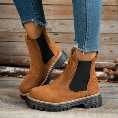 Stylish Suede Chelsea Boots for Women with Round Toe Pull Tab Platform Style