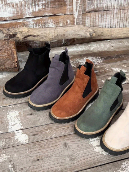 Stylish Suede Chelsea Boots for Women with Round Toe Pull Tab Platform Style