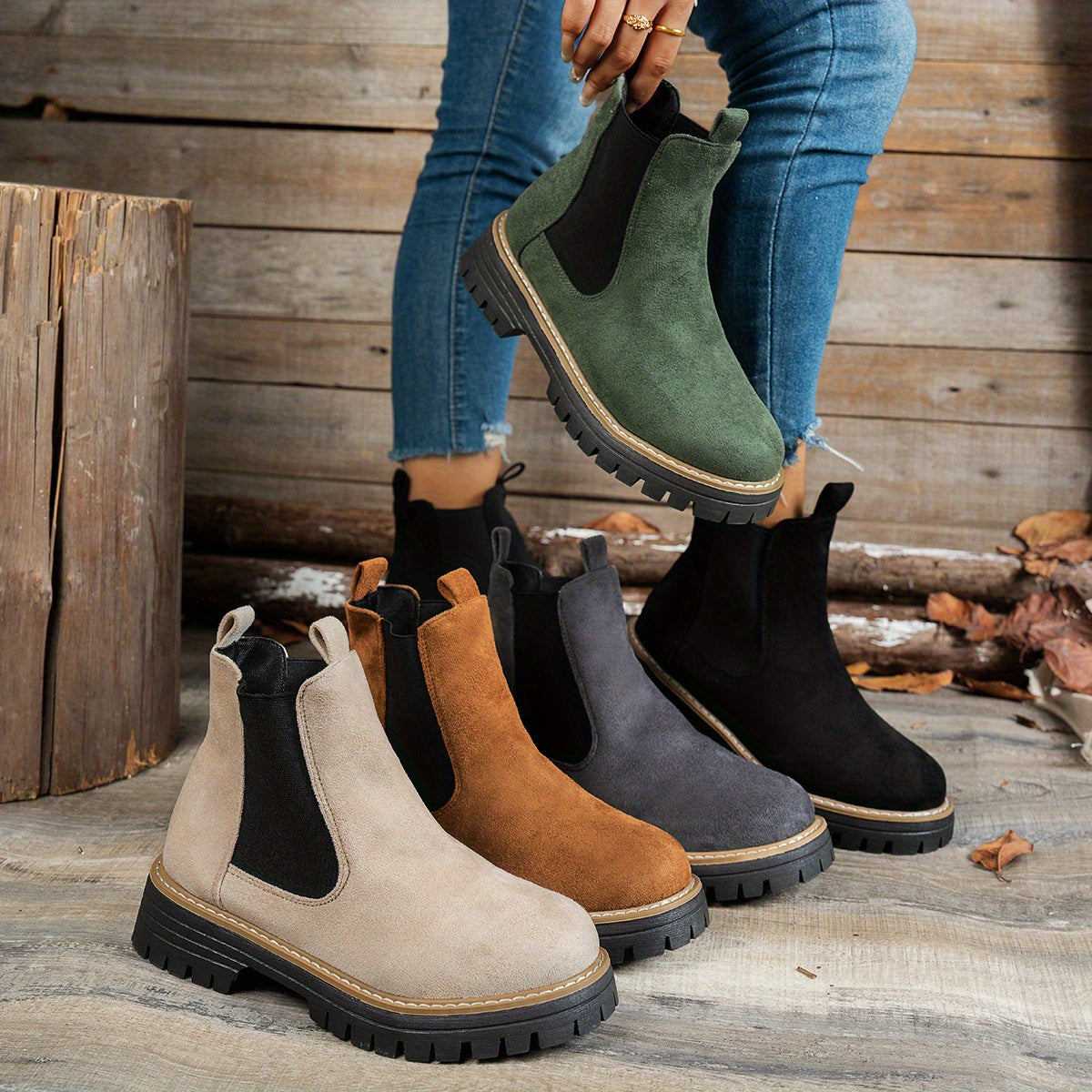 Stylish Suede Chelsea Boots for Women with Round Toe Platform Chunky Sole Style