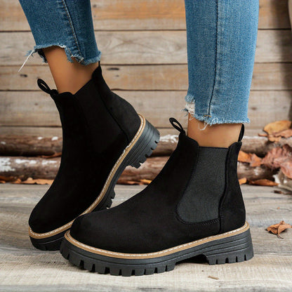 Stylish Suede Chelsea Boots for Women with Round Toe Platform Chunky Sole Style