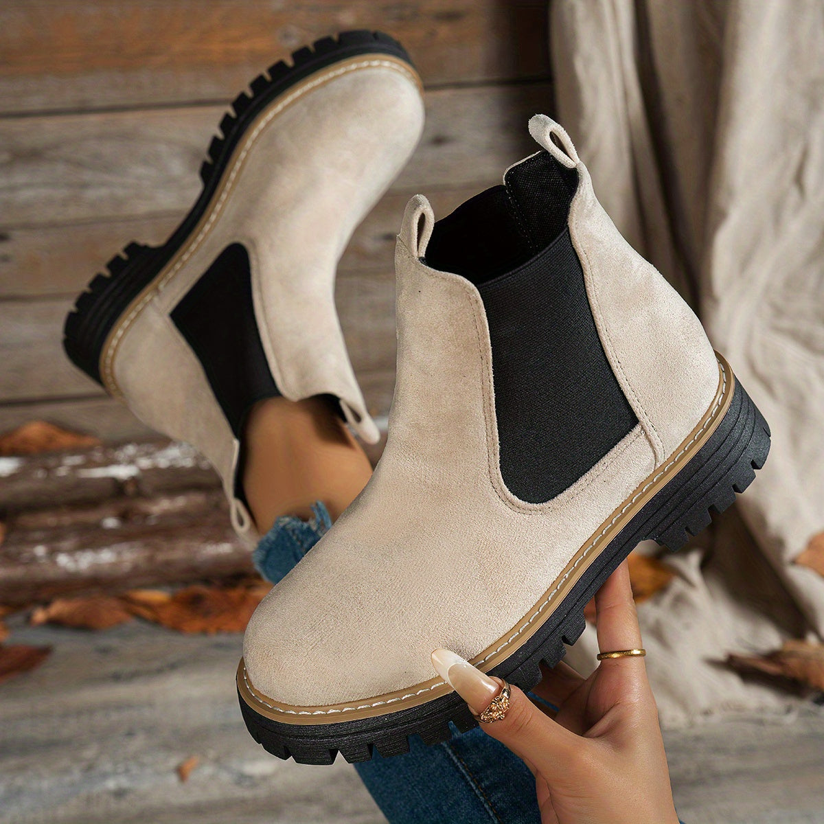 Stylish Suede Chelsea Boots for Women with Round Toe Platform Chunky Sole Style